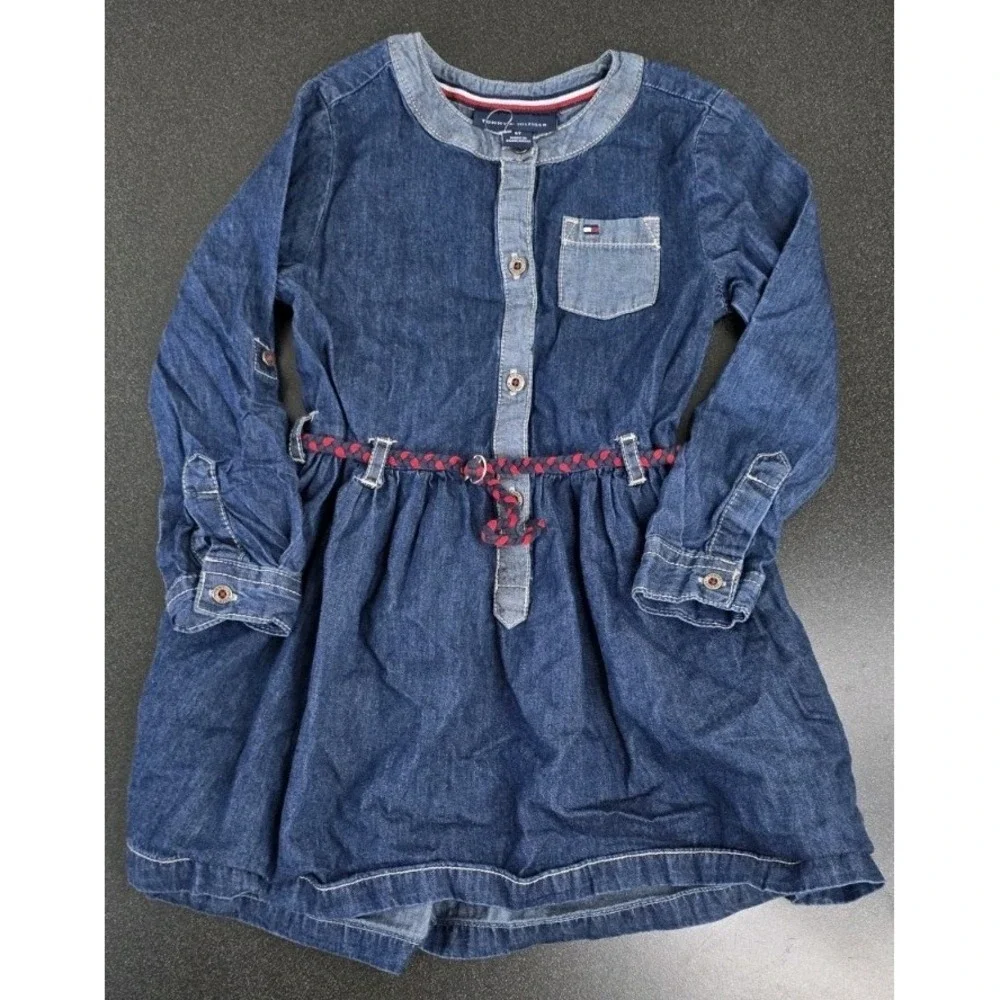 New Tommy Hilfiger Girls 3T Chambray Denim Belted Dress Long Sleeve Jean Preppy